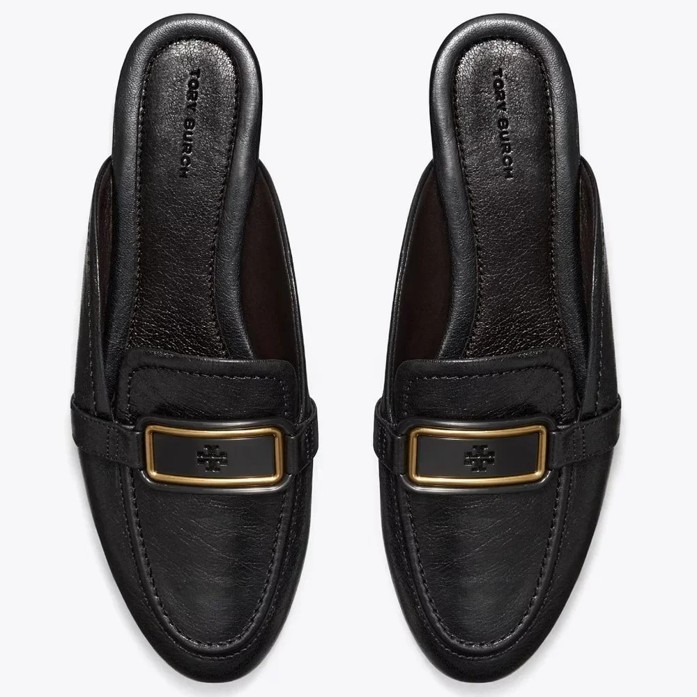 Tory Burch $298 Georgia Backless Loafer Flats Mules Black Gold Logo